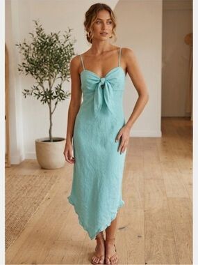 Le Muse Womens 100% Linen Bow Front Asymetrical Tea Midi Dress Teal Blue Size 6